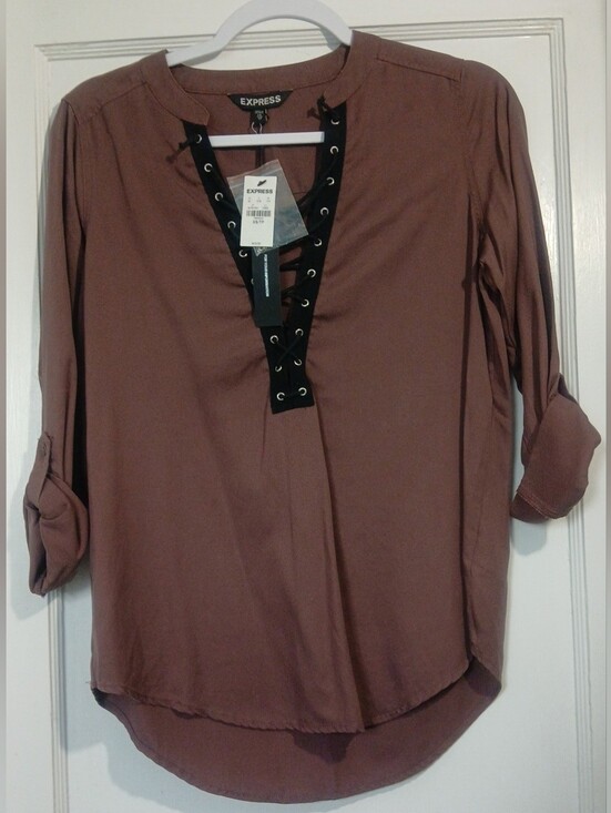 Express Tops - Express Mauve-Brown Lace-Up Blouse NWT